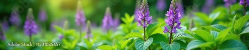 Small clusters of purple flowers and fresh mint leaves in the garden, botanical, gardens, herbage