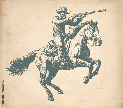 Cowboy shooting a shotgun from horseback