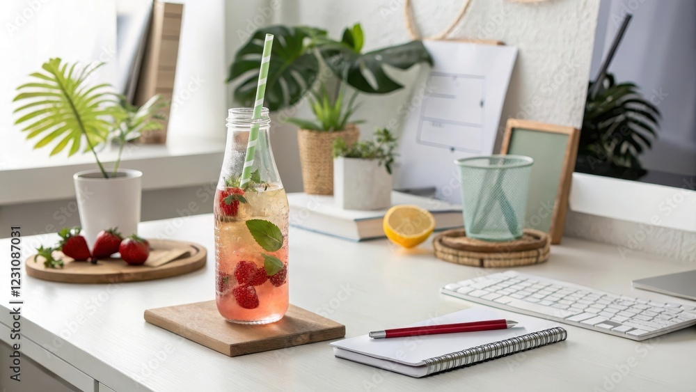 Fototapeta premium Refreshing Strawberry Infused Iced Beverage on a Desk