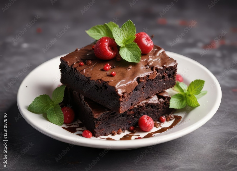 Soft, gooey brownie square topped with a sprig of fresh mint and some red berries, served in a bowl, fresh mint, raspberry Soft, gooey brownie square topped with a sprig of fresh mint and some red berries, served in a bowl, fresh mint, raspberry