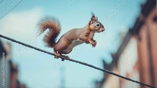 A squirrel balancing on a tightrope of power lines in the city.