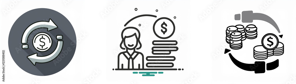 Three icons depict financial processes: money circulation, wealth accumulation, and financial transactions. These represent key aspects of financial management. Three icons depict financial processes: money circulation, wealth accumulation, and financial transactions. These represent key aspects of financial management.