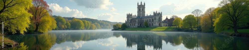 A tranquil lake reflects the majestic spires of Salisbury Cathedral in spring, water, peaceful, serene A tranquil lake reflects the majestic spires of Salisbury Cathedral in spring, water, peaceful, serene