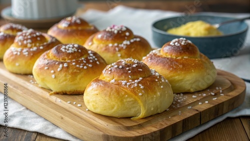 Wallpaper Mural Golden-brown sweet rolls dusted with sugar crystals, arranged on a wooden board Torontodigital.ca