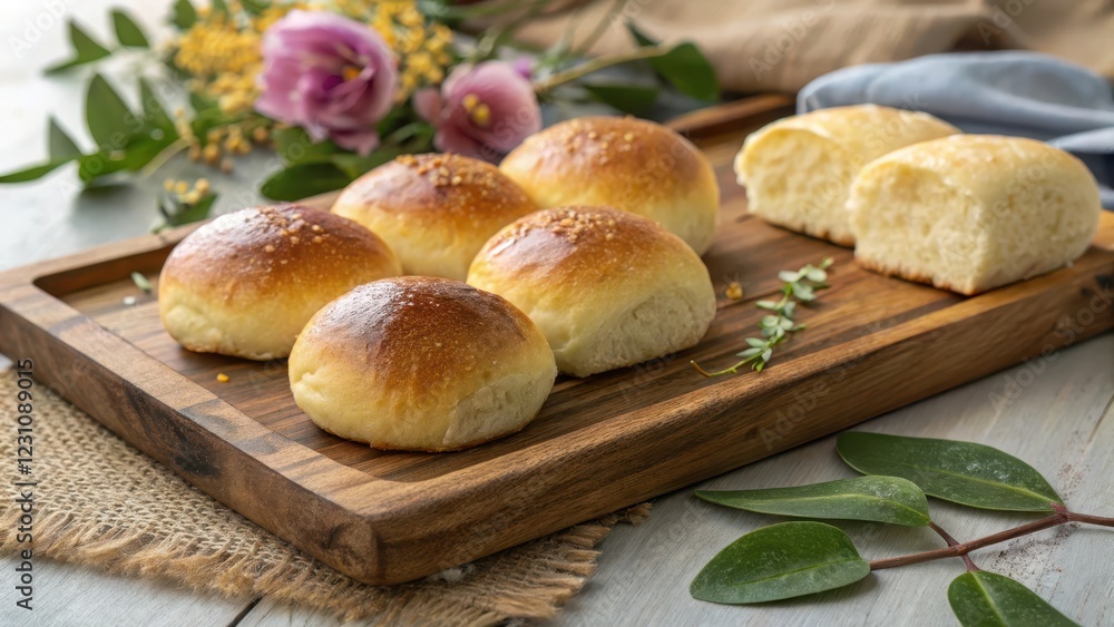 Golden-brown artisan rolls arranged on a rustic wooden board, complemented by a sprig of herbs and delicate floral accents Golden-brown artisan rolls arranged on a rustic wooden board, complemented by a sprig of herbs and delicate floral accents