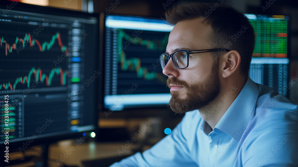 Focused Trader: A serious, bearded man in glasses intently studies stock market data displayed across multiple monitors, his focused expression conveying dedication and concentration. Focused Trader: A serious, bearded man in glasses intently studies stock market data displayed across multiple monitors, his focused expression conveying dedication and concentration.