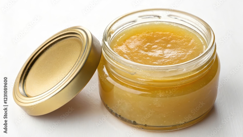 A small jar of golden, viscous substance with a gold lid, partially open, rests on a white surface. A small jar of golden, viscous substance with a gold lid, partially open, rests on a white surface.