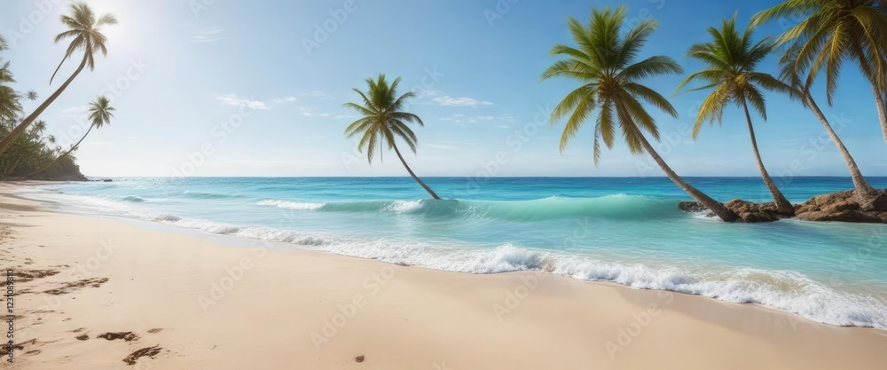 Panoramic view of a beautiful soft blue ocean wave on fine sandy beach with palm trees and a clear blue sky , natural, calm, palm tree, panoramic, horizon Panoramic view of a beautiful soft blue ocean wave on fine sandy beach with palm trees and a clear blue sky , natural, calm, palm tree, panoramic, horizon