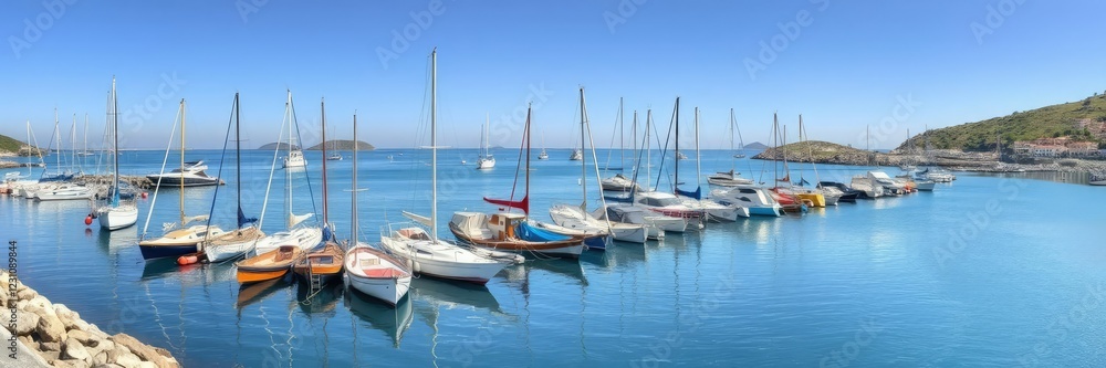 Panorama of Ferragudo harbor with fishing boats and sailboats, shore, peaceful, coastal Panorama of Ferragudo harbor with fishing boats and sailboats, shore, peaceful, coastal