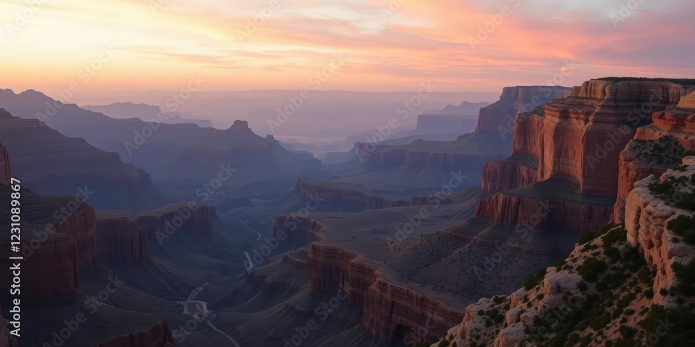 Obraz premium Panoramic view of the Grand Canyon at sunrise with a soft pink and orange glow illuminating the rugged landscape, desert landscape, sunrise, grand canyon national park