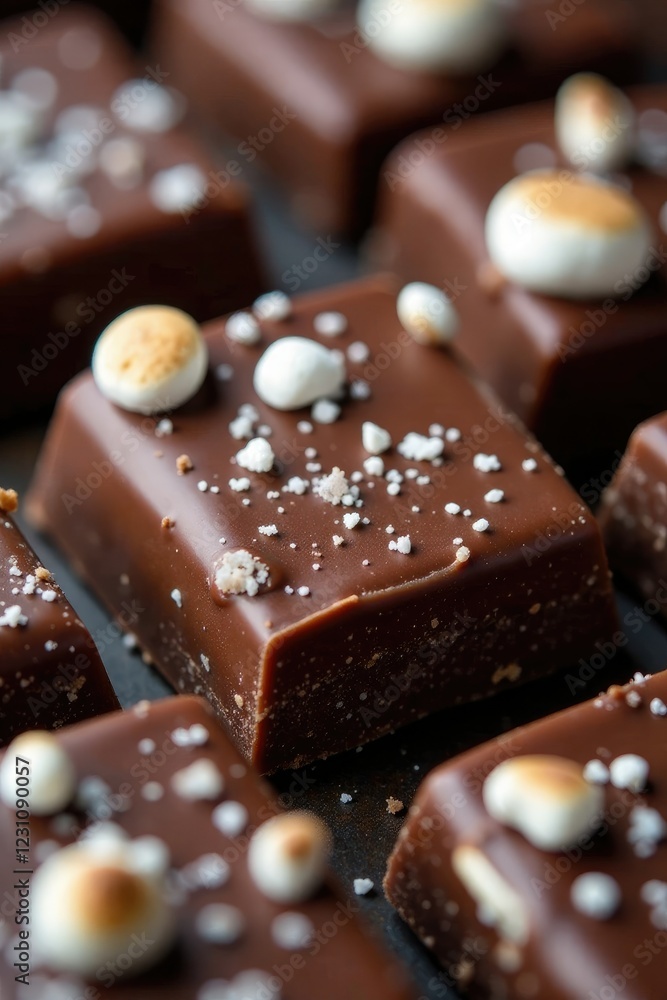 Dark chocolate bars with fluffy marshmallows and a sprinkle of sea salt on top, sea salt, treat toppings Dark chocolate bars with fluffy marshmallows and a sprinkle of sea salt on top, sea salt, treat toppings