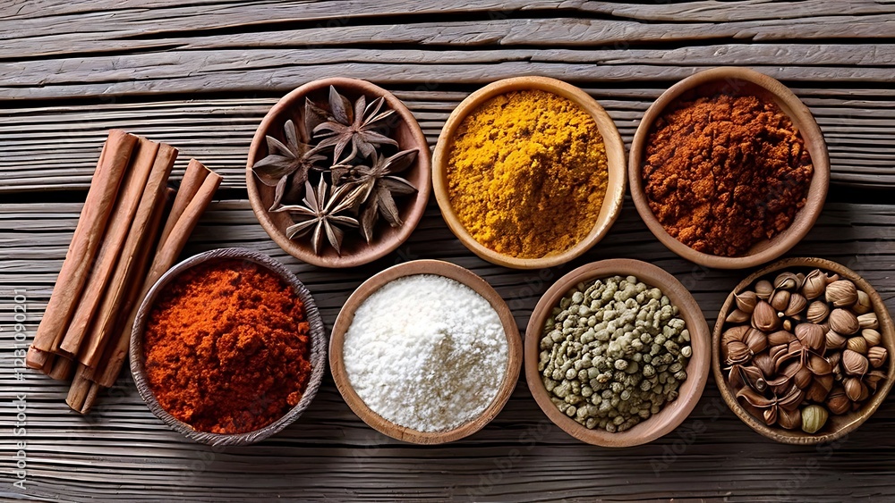 Close-up of bowls and other containers of spices, garlic, and chili peppers on a dark wooden surface healthy food diet concept Close-up of bowls and other containers of spices, garlic, and chili peppers on a dark wooden surface healthy food diet concept