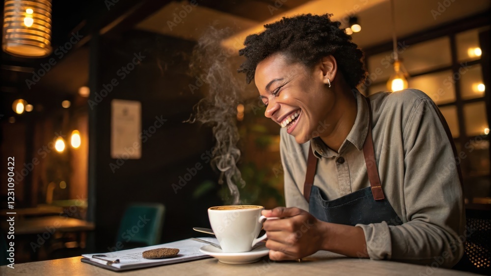 A joyful barista savors a warm beverage and a sweet treat during a quiet moment in a dimly lit cafe A joyful barista savors a warm beverage and a sweet treat during a quiet moment in a dimly lit cafe