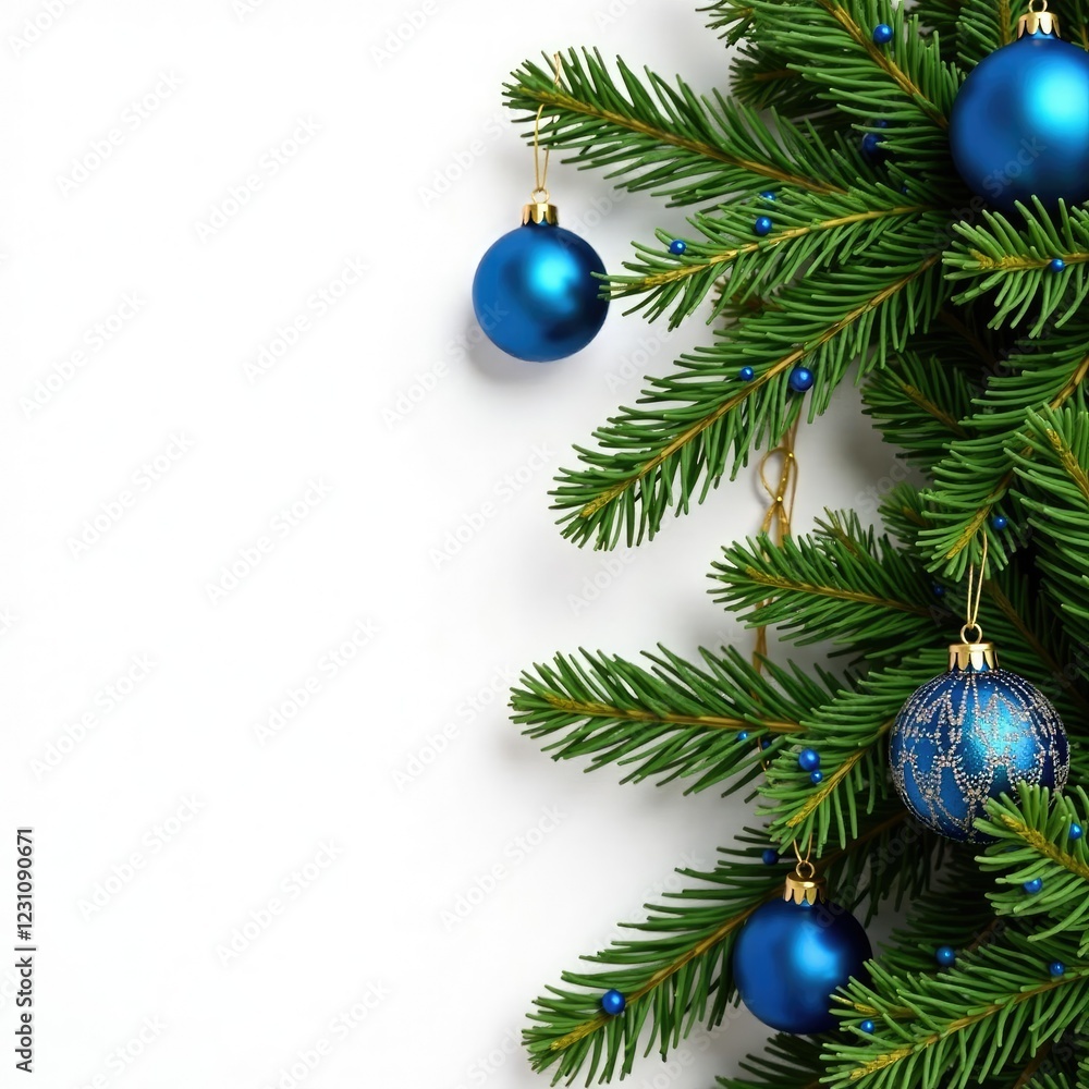 Decorated evergreen tree branch with blue and gold ornaments on a white background, glittering, ornaments Decorated evergreen tree branch with blue and gold ornaments on a white background, glittering, ornaments