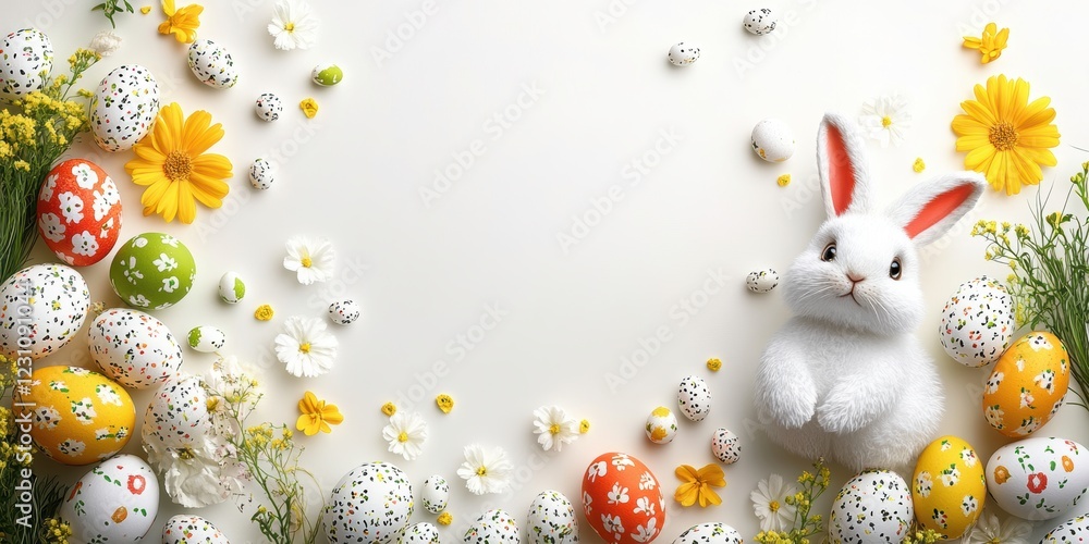 A charming white bunny is nestled among an array of beautifully decorated Easter eggs, showcasing a festive and colorful springtime scene. A charming white bunny is nestled among an array of beautifully decorated Easter eggs, showcasing a festive and colorful springtime scene.