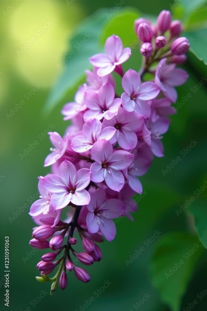 Delicate lilac flowers dangle from a single stem, botanical, leaves, lilac Delicate lilac flowers dangle from a single stem, botanical, leaves, lilac