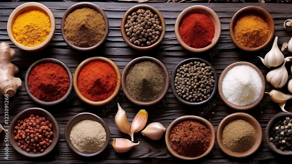 Close-up of bowls and other containers of spices, garlic, and chili peppers on a dark wooden surface healthy food diet concept Close-up of bowls and other containers of spices, garlic, and chili peppers on a dark wooden surface healthy food diet concept
