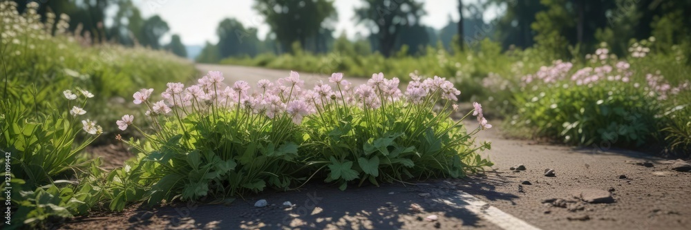 Prolific wild radish blooms covering the verge of a road in spring, roadside cover, spring season, wildflower meadow, springtime growth Prolific wild radish blooms covering the verge of a road in spring, roadside cover, spring season, wildflower meadow, springtime growth