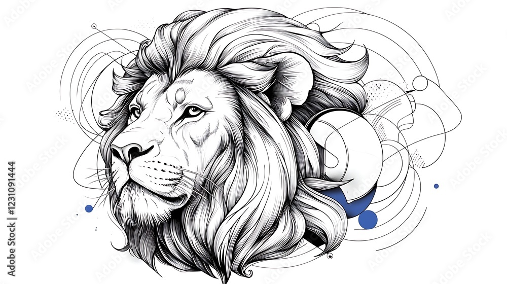 Obraz premium Detailed artistic illustration of a lion's head with abstract elements and flowing lines