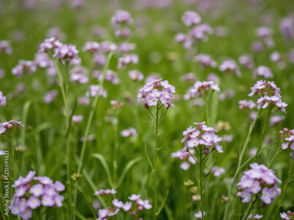 Purple Gypsophila flowers in a lush green field with a blurred background, meadow, landscape, partial focus Purple Gypsophila flowers in a lush green field with a blurred background, meadow, landscape, partial focus