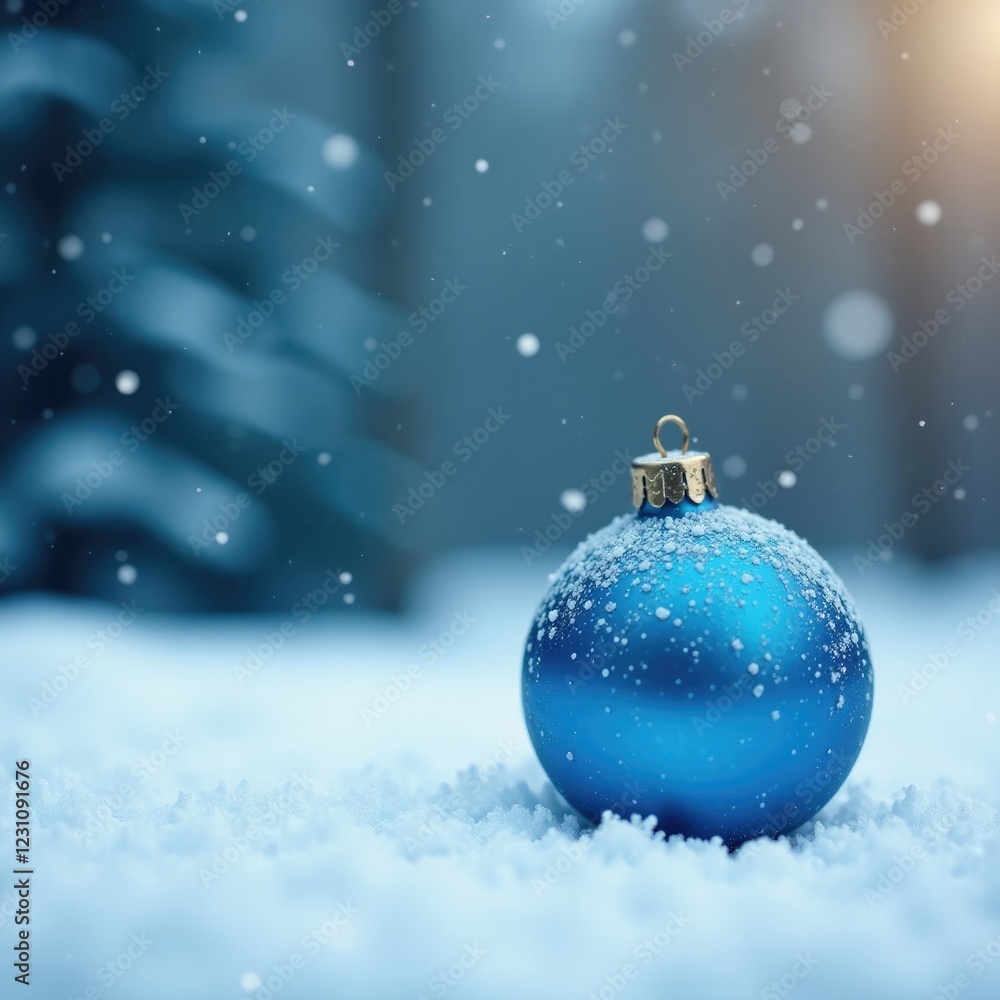 Frosty winter scene with a blue Christmas ball on white background, festive, peaceful, ball Frosty winter scene with a blue Christmas ball on white background, festive, peaceful, ball
