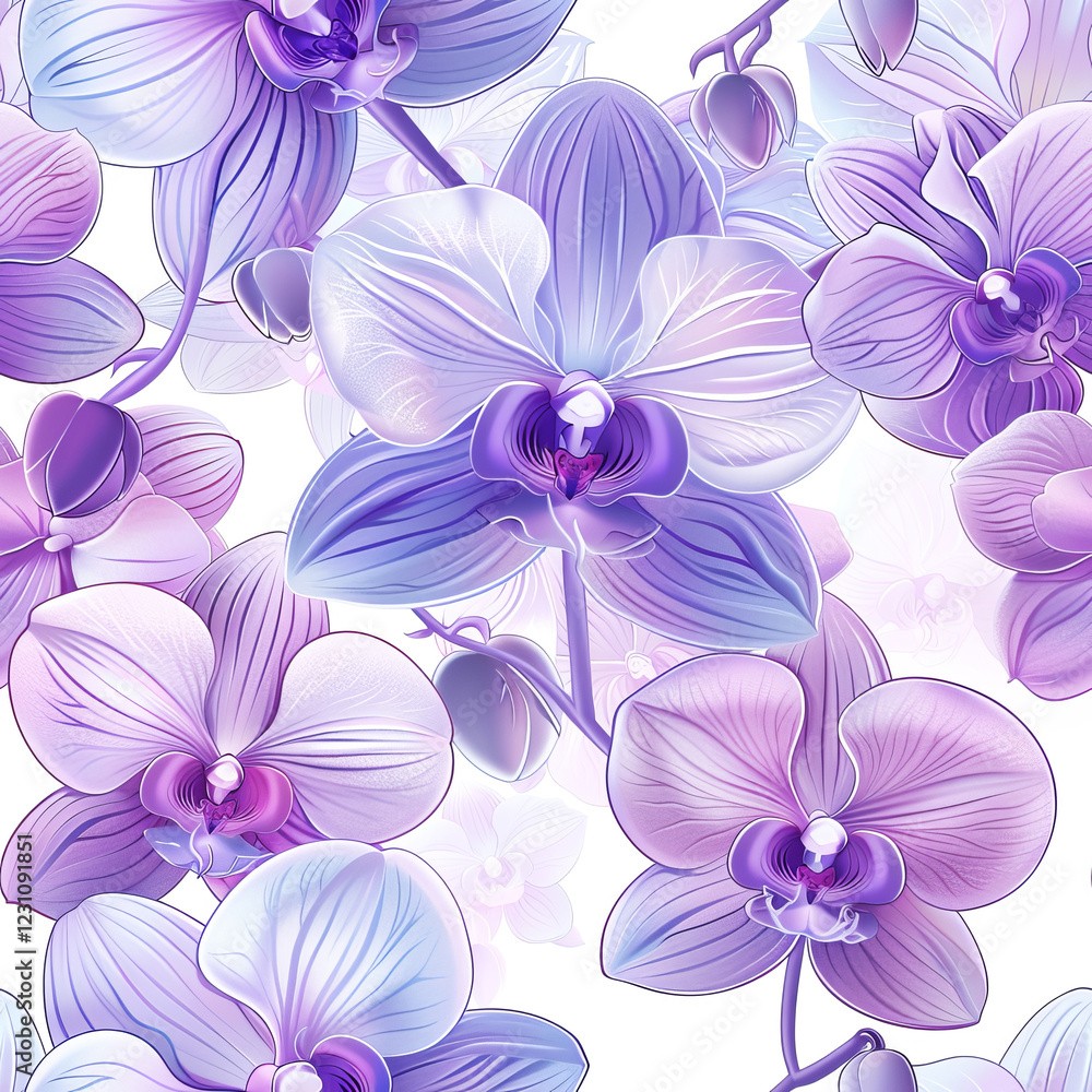 Seamless Pattern, Purple And Blue Orchids, Background, Textile, Gift Wrap, Wall Art, Floral Design. Seamless Pattern, Purple And Blue Orchids, Background, Textile, Gift Wrap, Wall Art, Floral Design.