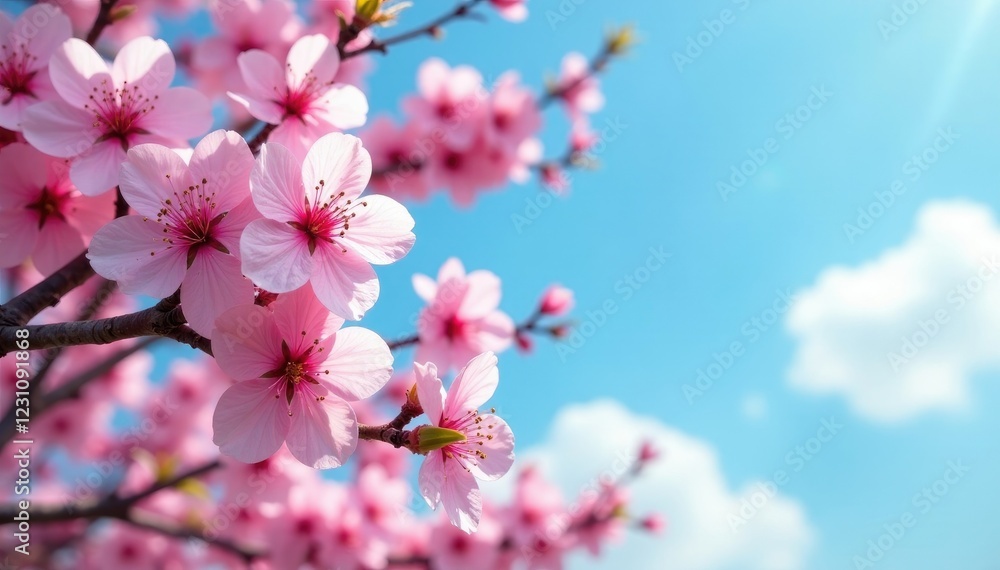 Full bloom of cherry blossoms against a clear blue sky, pink, woodland Full bloom of cherry blossoms against a clear blue sky, pink, woodland