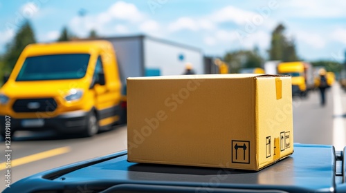 A Bright Yellow Package Sitting in the Foreground with Delivery Vans in the Background Under a Clear Blue Sky at a Busy Shipping and Receiving Location photo