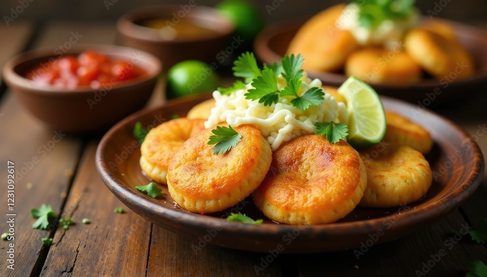 Mexican picaditas with queso fresco and salsa roja on a rustic wooden plate, dishes, plates Mexican picaditas with queso fresco and salsa roja on a rustic wooden plate, dishes, plates