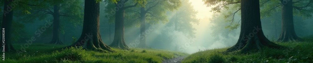 Misty forest glade with three ancient crowns atop trees, ancient, tree, nature Misty forest glade with three ancient crowns atop trees, ancient, tree, nature