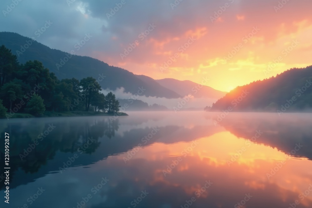 Misty dawn on a serene lake with rolling hills and trees, calm, nature, sunrise Misty dawn on a serene lake with rolling hills and trees, calm, nature, sunrise