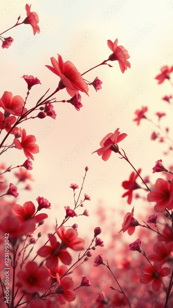 Naklejka premium romantic floral background with delicate red and pink flowers in a seamless pattern of swirling shapes and soft hues, delicate patterns, vintage charm