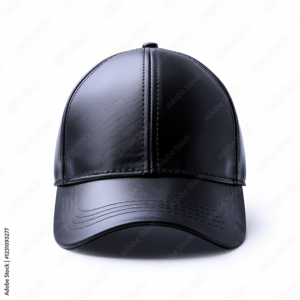 Black Leather Baseball Cap Isolated. Unisex Baseball Cap on a White Background. Stylish Headwear. Black Leather Baseball Cap Isolated. Unisex Baseball Cap on a White Background. Stylish Headwear.