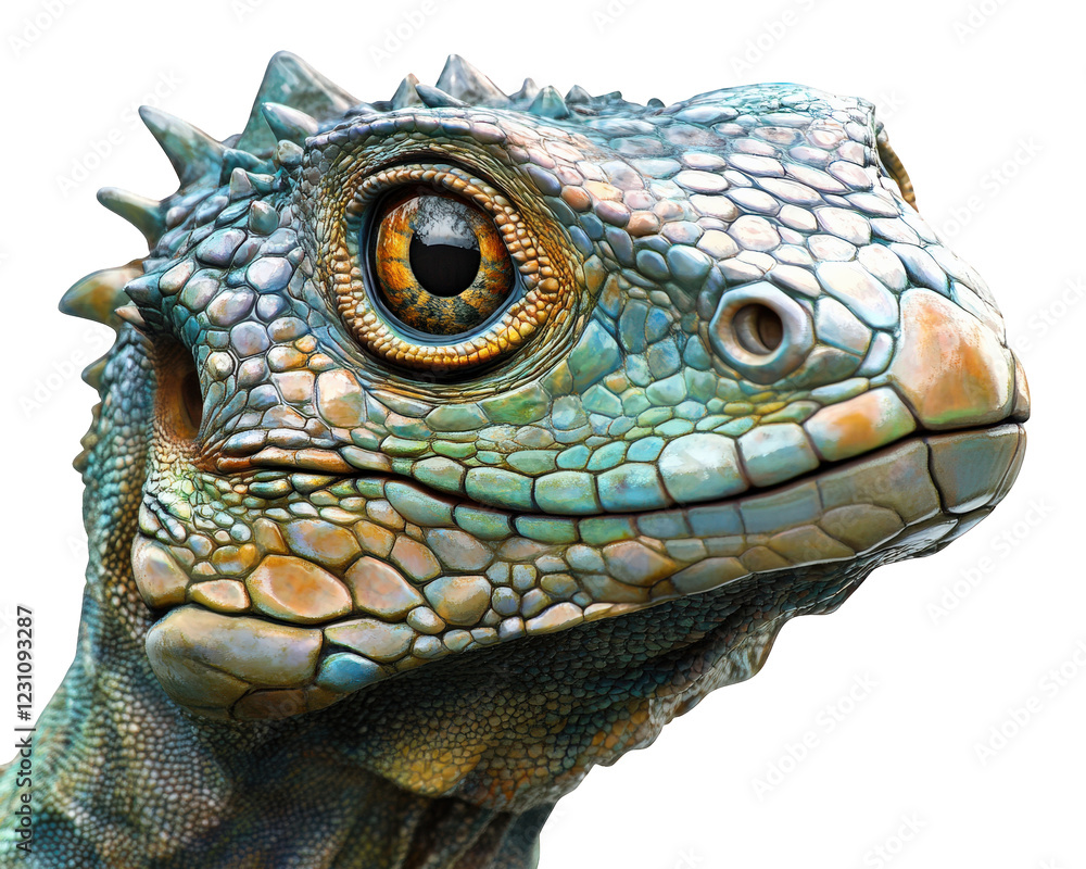 Fototapeta premium detailed close up of colorful lizard with intricate scales and vibrant eyes, showcasing its unique texture and patterns. This captures beauty of reptilian features