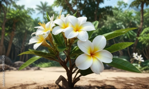 Round plumeria alba bloom in natural environment, vibrant color palette, unique shape, botanical wonder photo