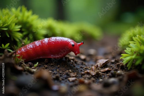 Moist forest floor with red slug Arion rufus, slimy trail behind, slimy, arion rufus, forest photo