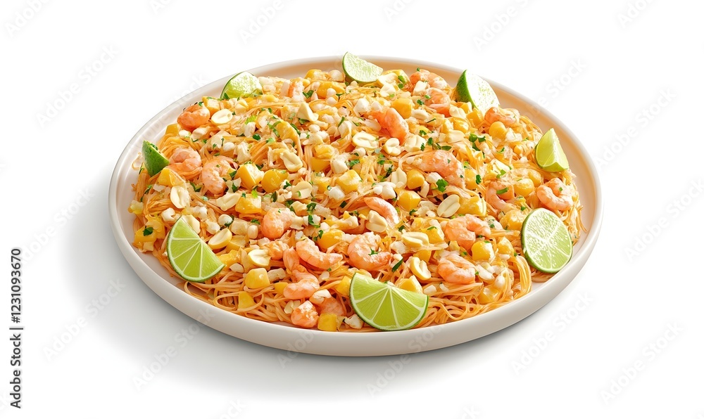 Shrimp, mango, noodle salad on plate, studio shot, food photography Shrimp, mango, noodle salad on plate, studio shot, food photography