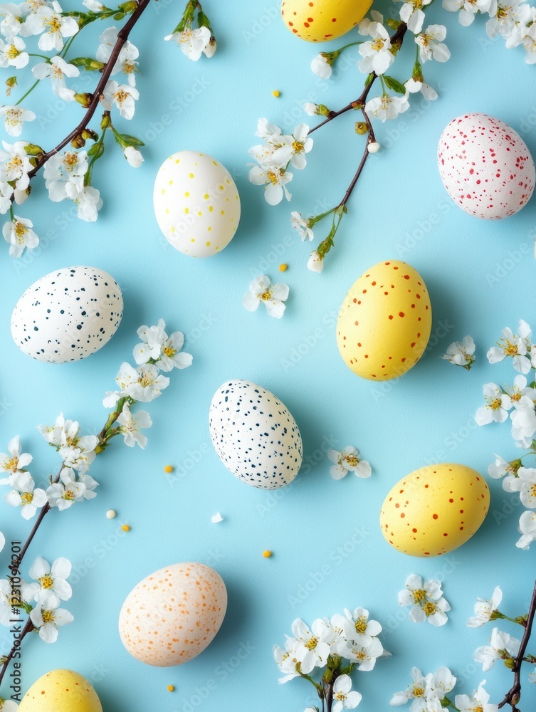 A vibrant close-up of colorful Easter eggs arranged beautifully on a soft blue surface, celebrating the festive spirit of the holiday. A vibrant close-up of colorful Easter eggs arranged beautifully on a soft blue surface, celebrating the festive spirit of the holiday.