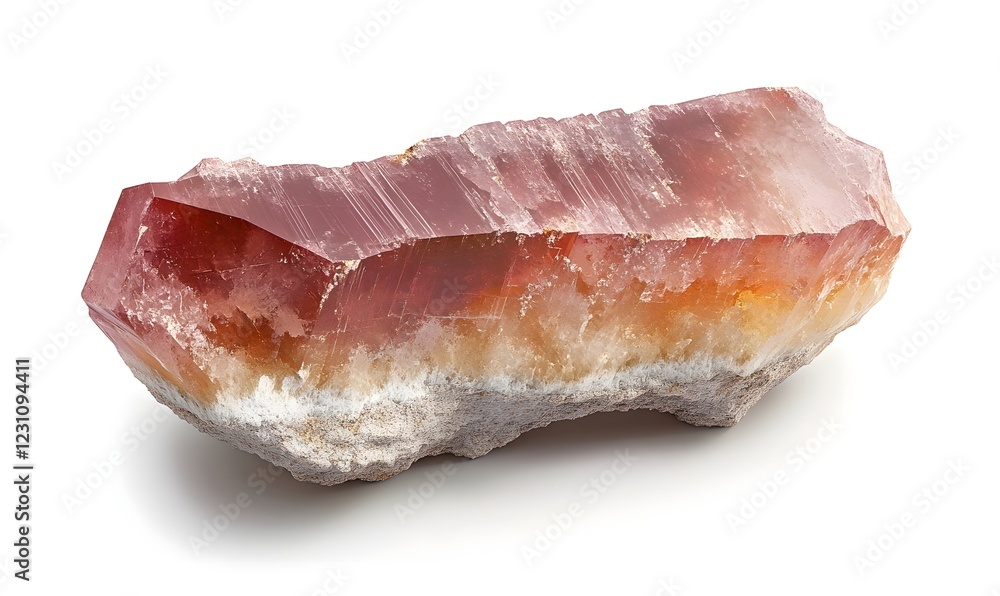 Red-orange crystal specimen isolated, white background, geology, mineral sample Red-orange crystal specimen isolated, white background, geology, mineral sample