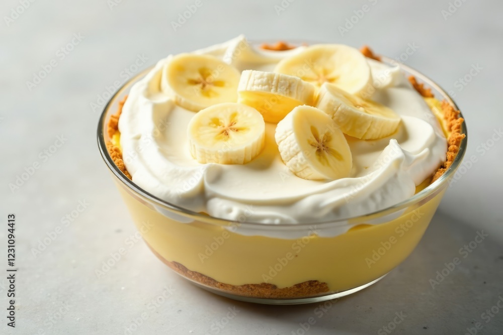 Sliced banana and whipped cream toppings for banana cream pie in a clear plastic container, whipped, bowl, dessert Sliced banana and whipped cream toppings for banana cream pie in a clear plastic container, whipped, bowl, dessert