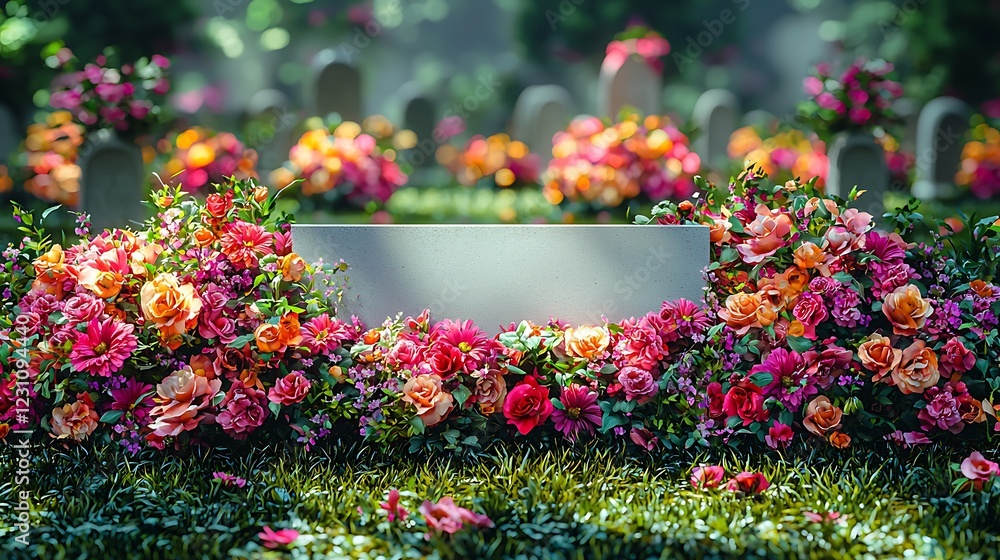 Fototapeta premium Blank grave marker, floral tribute, cemetery, remembrance