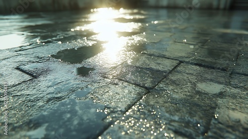 Wet Stone Pavement Glistens In Sunlight
