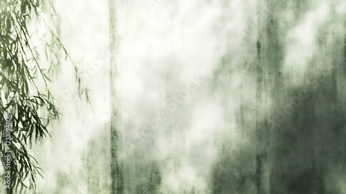 Abstract Green Willow Branch And Misty Background