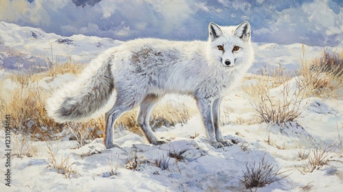 Arctic fox standing on a snowy tundra, its white fur blending with the landscape. photo