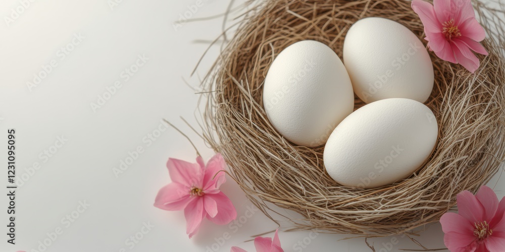 A colorful nest containing three eggs surrounded by delicate pink flowers, resting on a pristine white surface, symbolizing Easter's renewal and joy. A colorful nest containing three eggs surrounded by delicate pink flowers, resting on a pristine white surface, symbolizing Easter's renewal and joy.