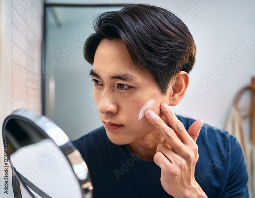 鏡を見ながら肌のトラブルをケアする男性