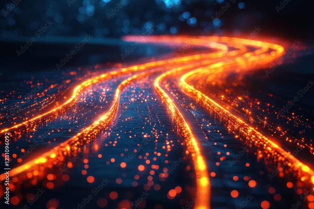 Fototapeta premium Glowing orange trails curve on dark surface, sparkling particles surround. Perfect for technology, data flow, or futuristic concepts, evokes speed and innovation.