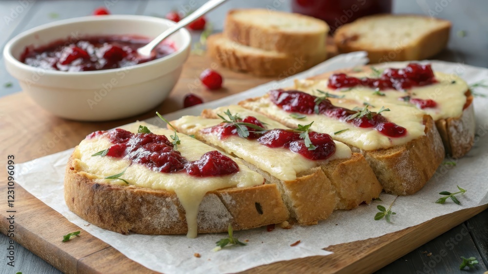 Delicious toasted bread topped with melted cheese and cranberry sauce Delicious toasted bread topped with melted cheese and cranberry sauce