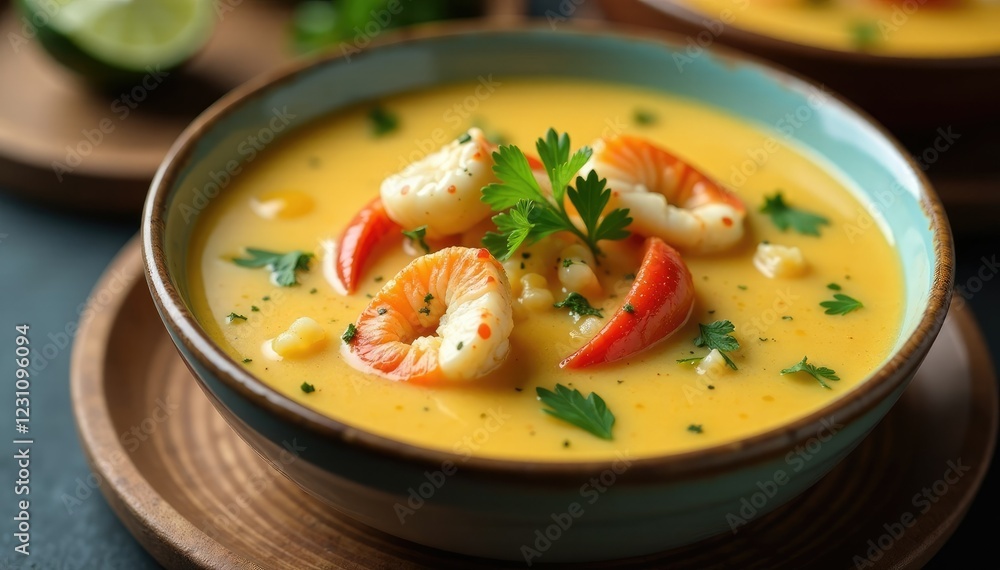 Thick and creamy seafood chowder with crustaceans, savory, crab, umami Thick and creamy seafood chowder with crustaceans, savory, crab, umami