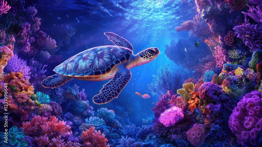 Fototapeta premium Gentle sea turtle swimming gracefully through a vibrant coral reef.